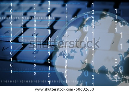 Digital Imaging of binary numbers and a globe with computer keyboard as the background