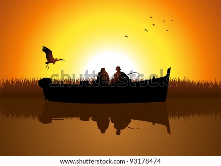 Vector Illustration Of Two Men Silhouette Fishing On The Lake