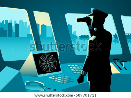 Graphic illustration of a ship captain using a binoculars in navigation room