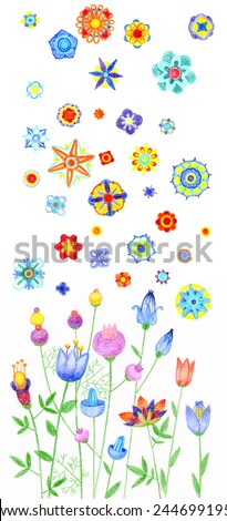 Pencil drawn colorful flowers