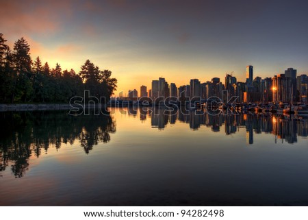 Vancouver downtown sunrise reflection