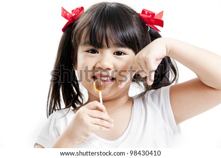 Little Cute Funny Asian Girl With Colorful Lollipop Candy Stock Photo ...