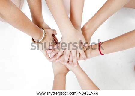 asian children\'s hands on a white background
