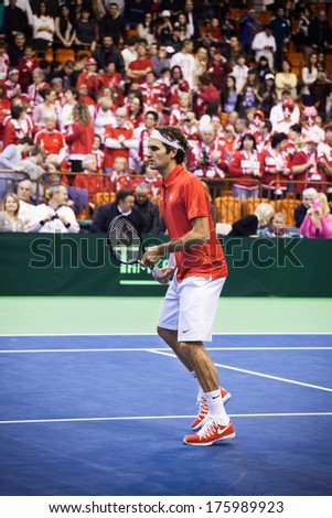 NOVI SAD - JANUARY 31: ROGER FEDERER of Switzerland during the Davis Cup match between Serbia and Switzerland, January 31 2014, Novi Sad, Serbia