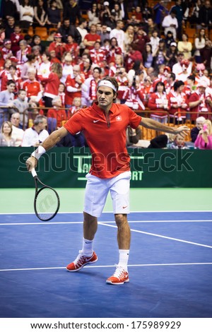 NOVI SAD - JANUARY 31: ROGER FEDERER of Switzerland and  during the Davis Cup match between Serbia and Switzerland, January 31 2014, Novi Sad, Serbia