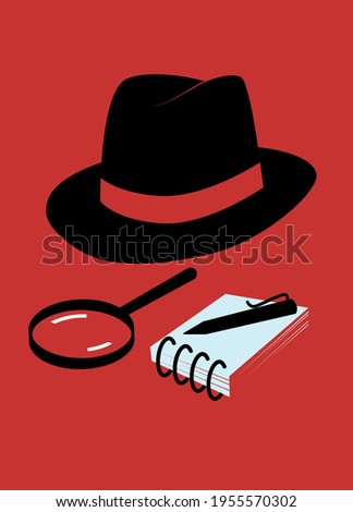 Fedora hat, magnifying glass, notepad and pencil on red background. Investigation concept illustration. Book cover template.