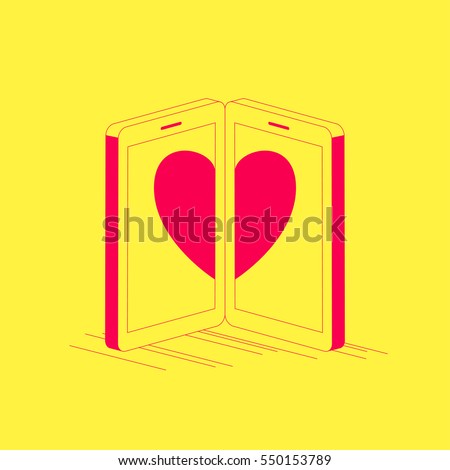 Two smartphones with the heart on its screens. Online dating concept illustration.