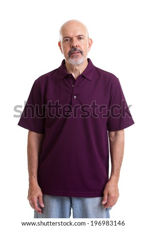 Portrait of mature man in purple polo shirt isolated on white