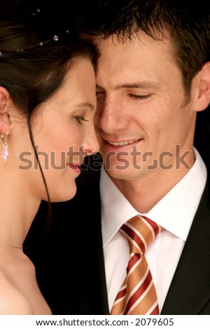 Bride and grooms faces close together on wedding day