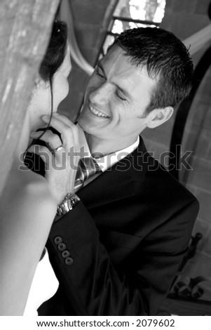 New husband smiling and touching his brides face