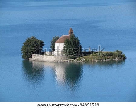 The St Michael chapel is situated in the middle of Lake Serre-Ponçon in southeast France; it is one of the largest artificial lakes in western Europe.