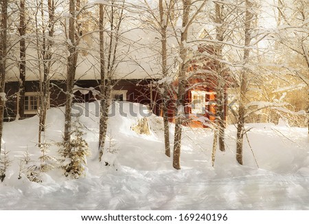 Little cottage in snowy forest.Texture conceptual image.
