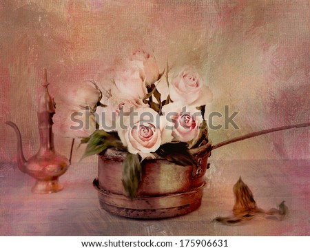 Old things. Roses in old pot. Texture conceptual image.