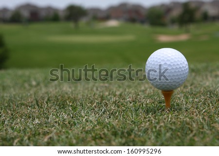 Golf Ball Teed Up with Course beyond