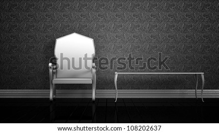 White Chair and coffee table elegant with black hardwood floor and wall decor