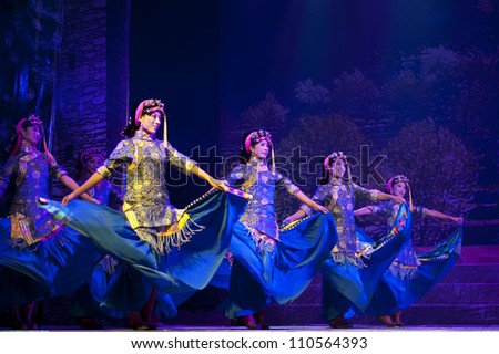 CHENGDU - SEP 27: chinese Tibetan ethnic dancers perform on stage at Sichuan experimental theater.Sep 27,2010 in Chengdu, China.