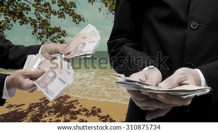 Travel expenses concept, Businessman make money from beach