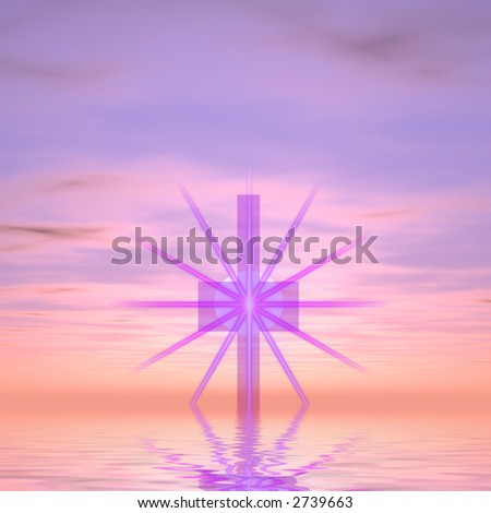Purple cross with star burst against purple sky rising from water.