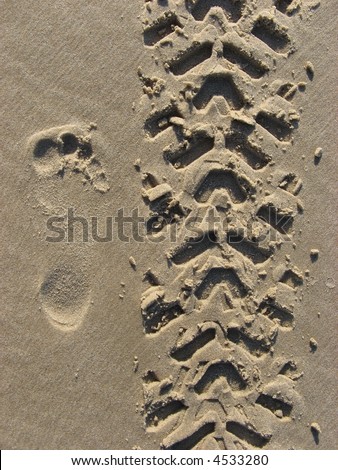 tire tread tracks path and foot footprint offroad off-road the track in the sand