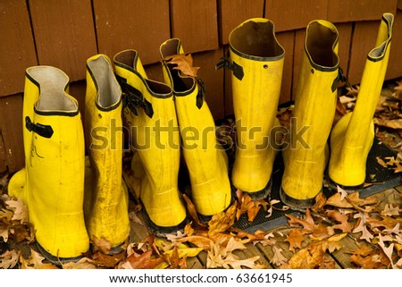 Yellow rain boots lined up on the deck on a fall day