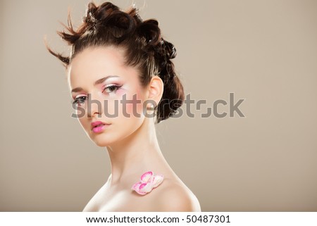 Beauty  girl with pink  Japanese sakura  make-up.Fashion Model.