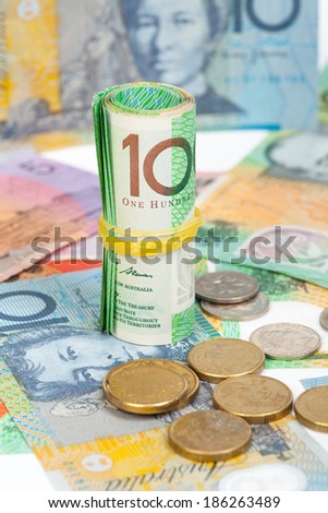 Australian Dollar banknotes on white background