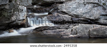 A small waterfall over rock in panorama format