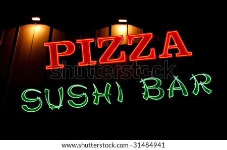 A Pizza and Sushi Bar neon sign in front of a restaurant