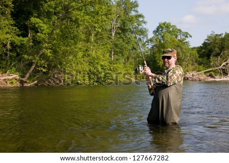 Fisherman pulls caught salmon. River.