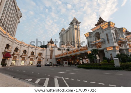MACAU, CHINA - NOVEMBER 3, 2012: Galaxy Macau - grand casino and hotel complex in the evening. Macau is the gambling capital of Asia and is visited by over 25 million people every year.