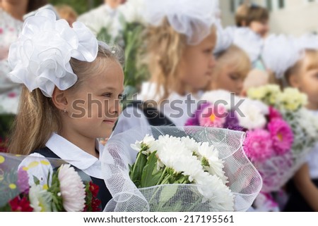 First grader girls in the first day of training at the school. Russia.