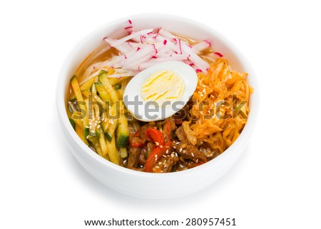 Cooksey - a Korean dish of thin noodles, broth, with the addition of a variety of cooked vegetables and meat. From a series of Food Korean cuisine.