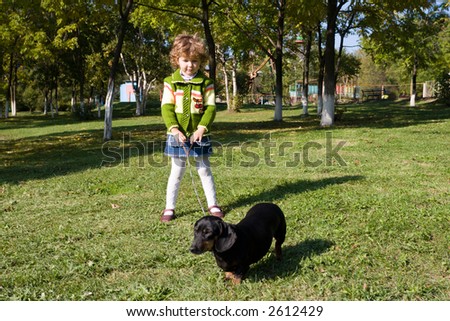 The little girl walks with a dog (dachshund) in park..