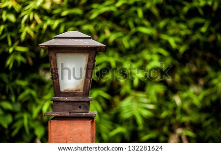 Old lamp on leaf background. Details of Asian garden.