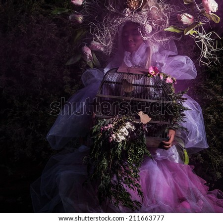 Fashion image of sensual girl in bright fantasy stylization. Outdoor fairy tale art photo.