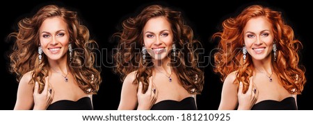 collage of a beautiful young woman , with long curly hair , mixed color , concept hairstyle