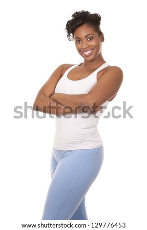 pretty black woman in active wear on white background