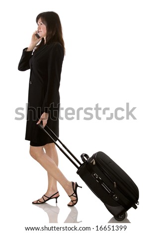 older business woman with luggage on white background