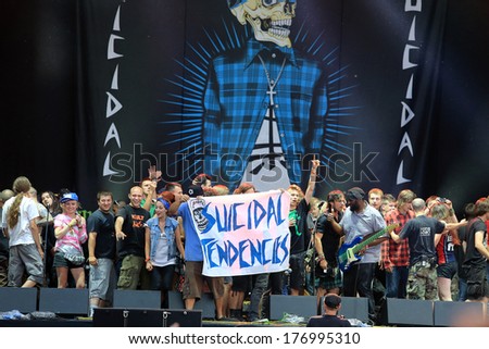 JAROCIN, POLAND- JULY 20: Suicidal Tendencies at live concert. The audience came on stage and sing along with the band. Rock Festival Jarocin 2013, Poland