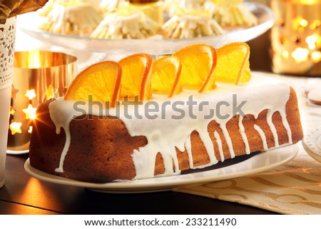 Christmas orange cheese cake on the decorated table