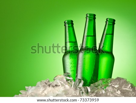 Three beer bottles getting cool in ice cubes. Isolated on a green.
