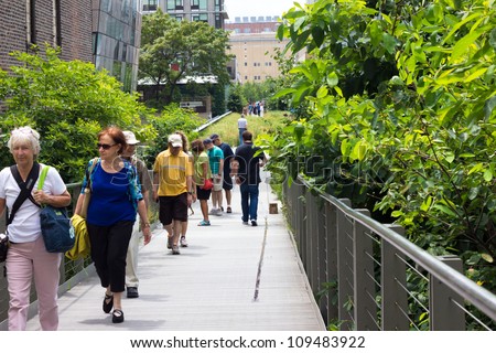 NEW YORK CITY - JULY 31: High Line Park in NYC as seen on July 31, 2012. In 2009 this former elevated freight railroad spur on NYC\'s west side opened as an aerial park garden and continues to expand.