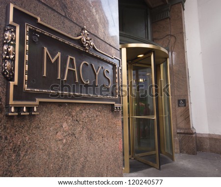 NEW YORK CITY - DEC 2:  Sign at entrance of Macy\'s department store in Herald Square, NYC on Dec 2, 2011.  This building was added to the National Register of Historic Places as a landmark in 1978.
