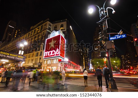 NEW YORK CITY - SEPT 13: Macy\'s Herald Square at landmark intersection in NYC at 34th Street seen on Sept 13, 2012. This major midtown shopping district is home to Macy\'s Thanksgiving Day Parade.