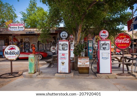 HACKBERRY, AZ - MAY 8, 2014: Entrance to landmark Hackberry General Store on Route 66 in Arizona. This roadside service as a museum for historic Route 66 memorabilia.