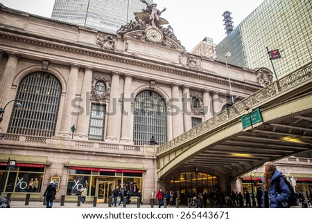 NEW YORK CITY - FEBRUARY 21, 2015:  View outside historic Grand Central Terminal at Pershing Square in midtown Manhattan.