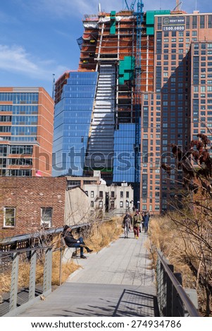 NEW YORK CITY - MARCH 13, 2015:  View from High Line Park with construction of Hudson Yards in the distance.