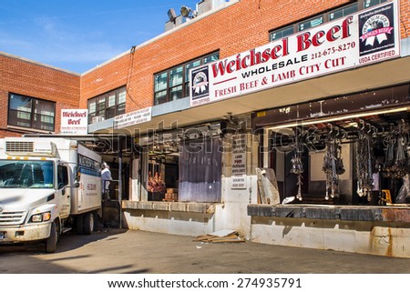 NEW YORK CITY - MARCH 13, 2015:  View of wholesale butcher from historic Meatpacking District in Manhattan