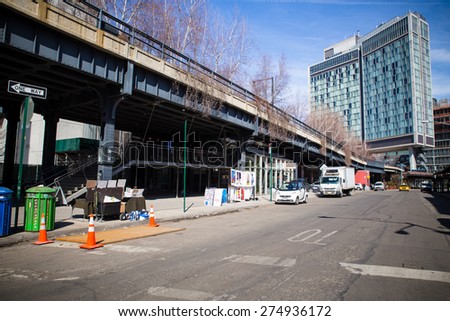 NEW YORK CITY - MARCH 13, 2015:  Street view of High Line Park and The Standard Hotel in Manhattan