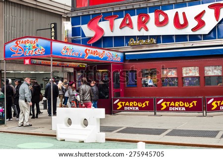 NEW YORK CITY - MARCH 14, 2014:  Street view of Manhattan landmark Ellen\'s Stardust Diner in Times Square.